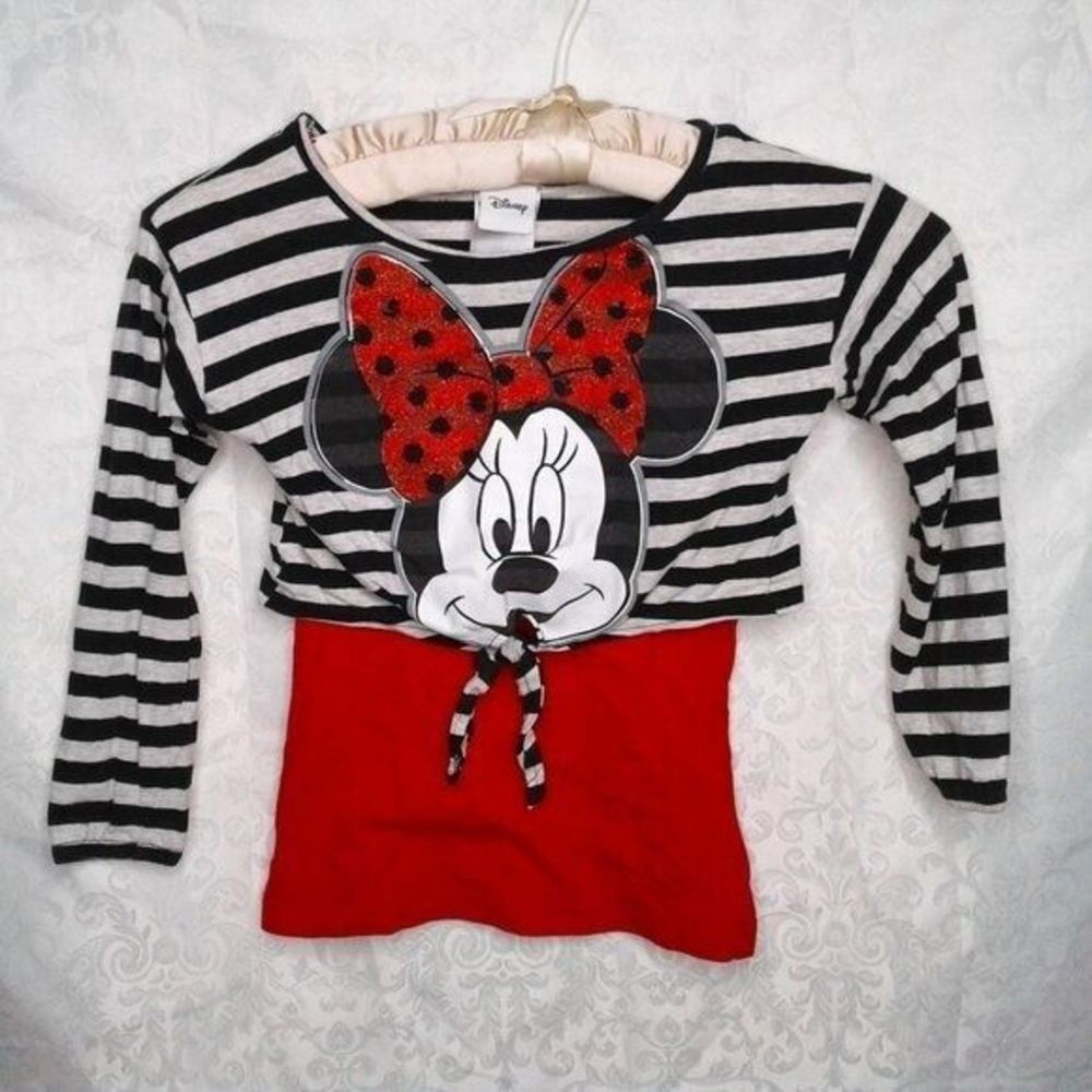 Disney Minnie Mouse Longsleeve Girls Top Tie Front Crop + Tank Black Red Size 5